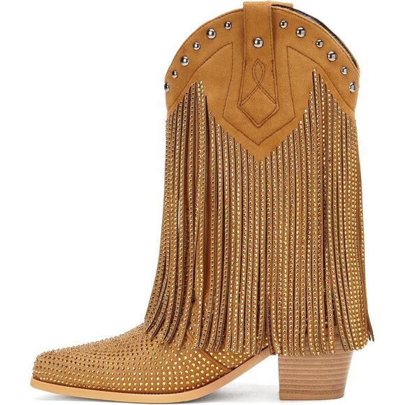 Shoes - Women's Brown Rhinestone Fringe Cowgirl Ankle Boots Sparkly Western Cowboy Boot